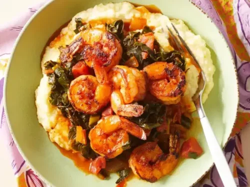 Скариди с Полента и Спанак