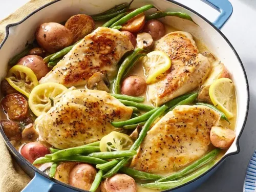 Пилешко Филе с Гъби и Зелен Фасул на Тиган